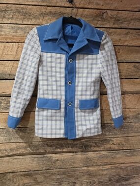 Vintage Sears Boys Blue Plaid Blazer Jacket, Size 12 Slim